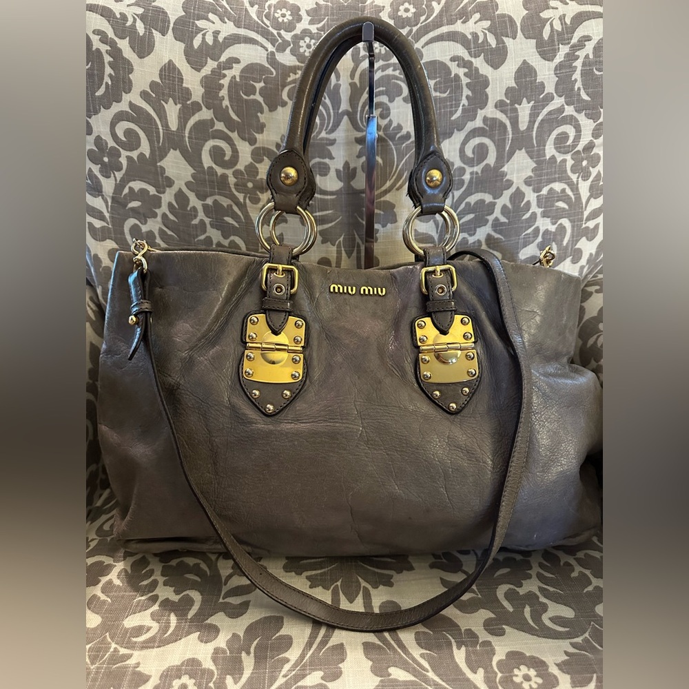 Miu Miu Gray Taupe Shoulder Bag with Gold Accents